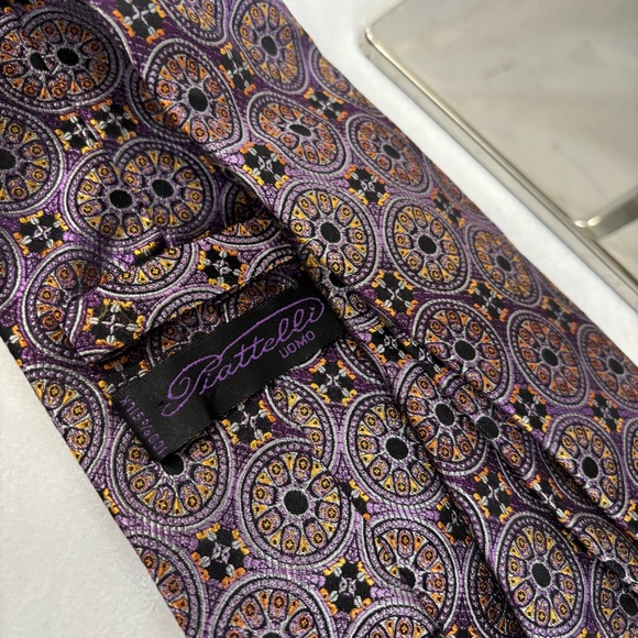 100% Pure Silk Purple Geometric Patterned Neck Tie One Size Piattelli Uomo - Picture 4 of 4